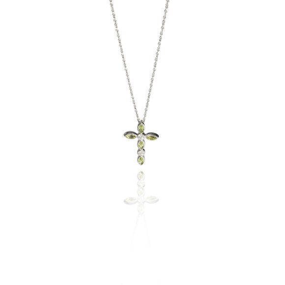 14K White Gold My Story Diamond & Peridot Cross Pendant, .09 Ctw. - Picture 1 of 3